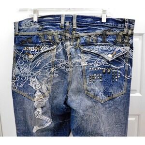 Artful Dodger Jeans Men 38 Blue Inch Of Death Embroidered Hip Hop Skulls